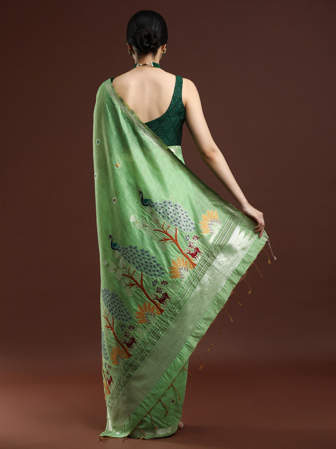 Woven Design Floral Muga Cotton Saree in Green