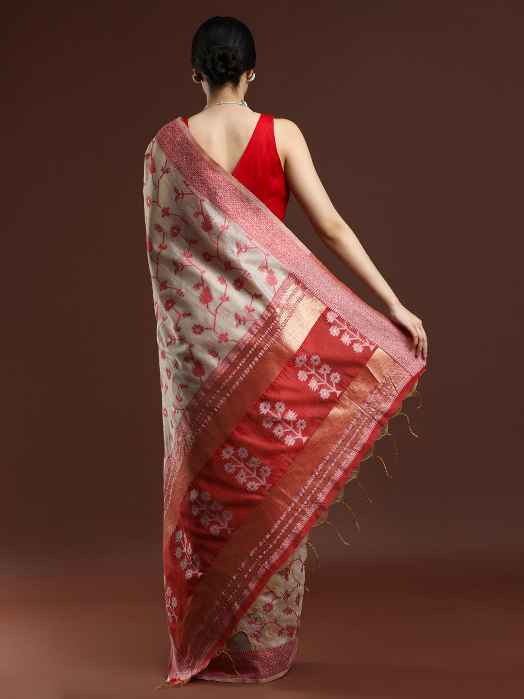 Woven Design Floral Chanderi Cotton Saree in Beige