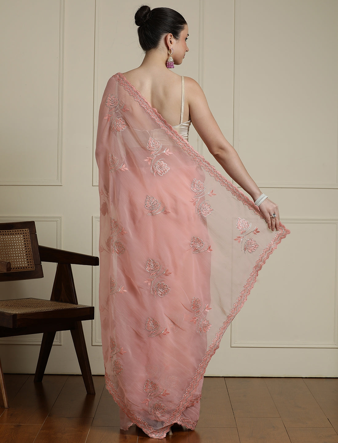 Floral Motifs Embroidered Saree with Unstitched Blouse in Peach