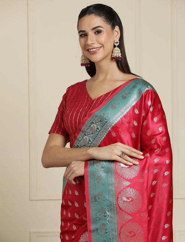 Ethnic Motifs Woven Design Zari Banarasi Saree in Pink