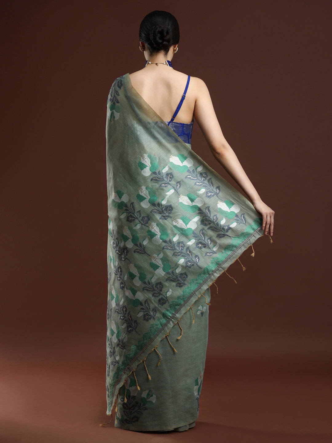 Woven Design Floral Muga Cotton Saree in Green