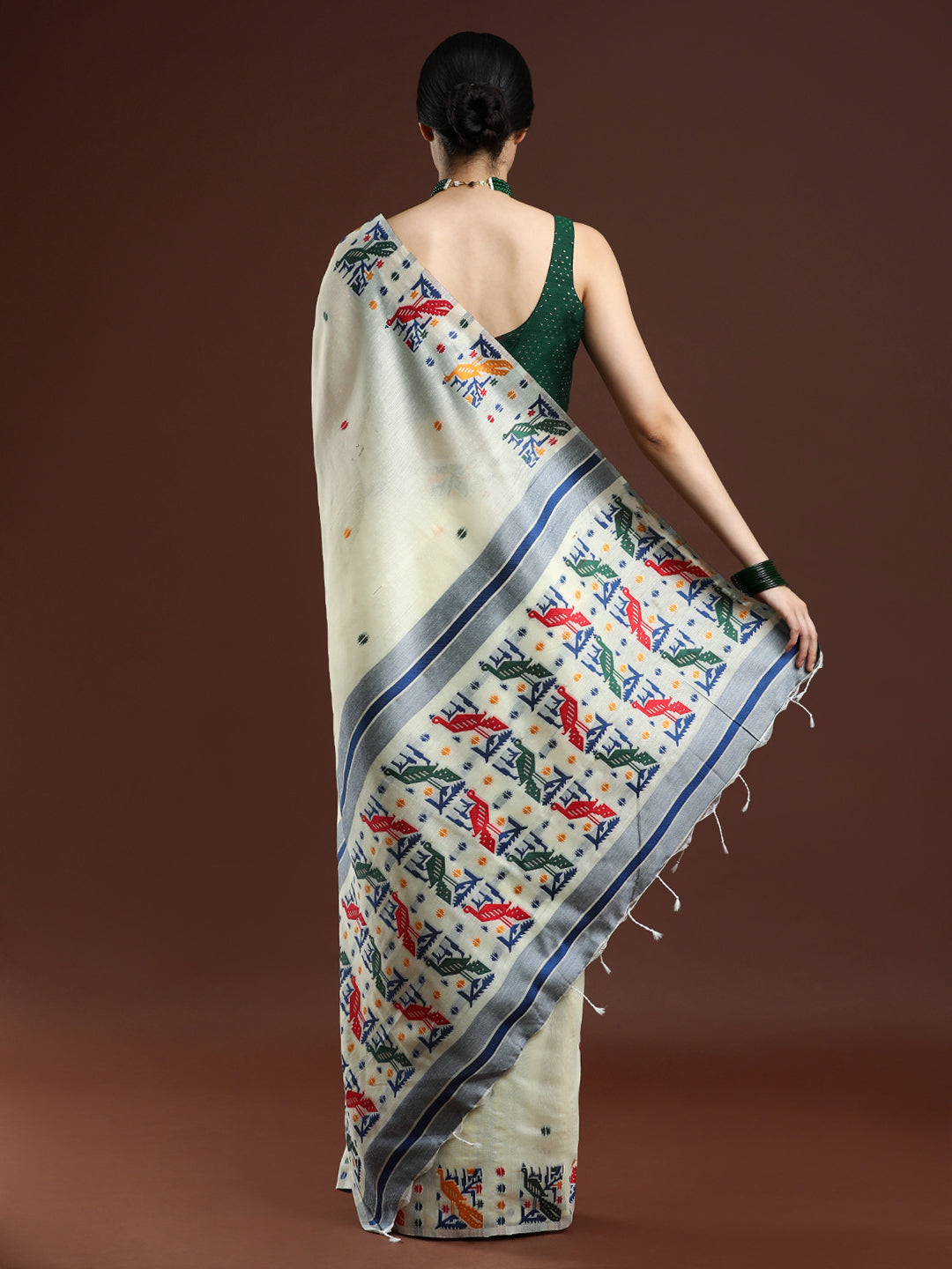 Woven Design Ethnic Motif Muga Cotton Saree in Cream