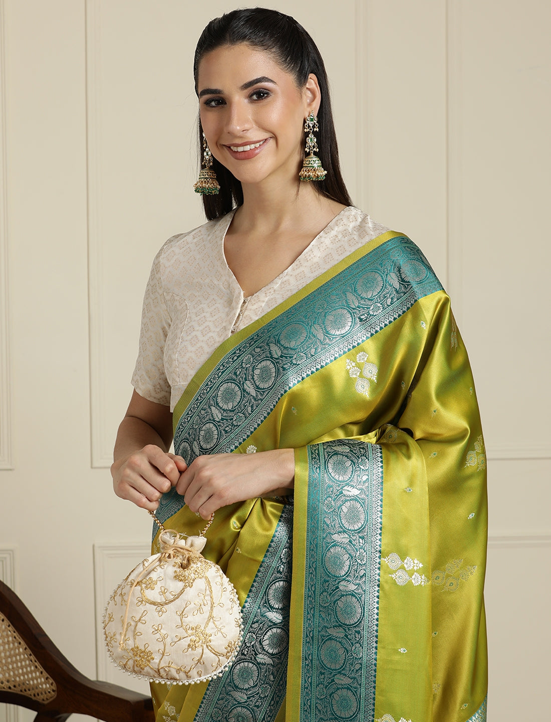 Ethnic Motifs Zari Banarasi Saree in Light Green