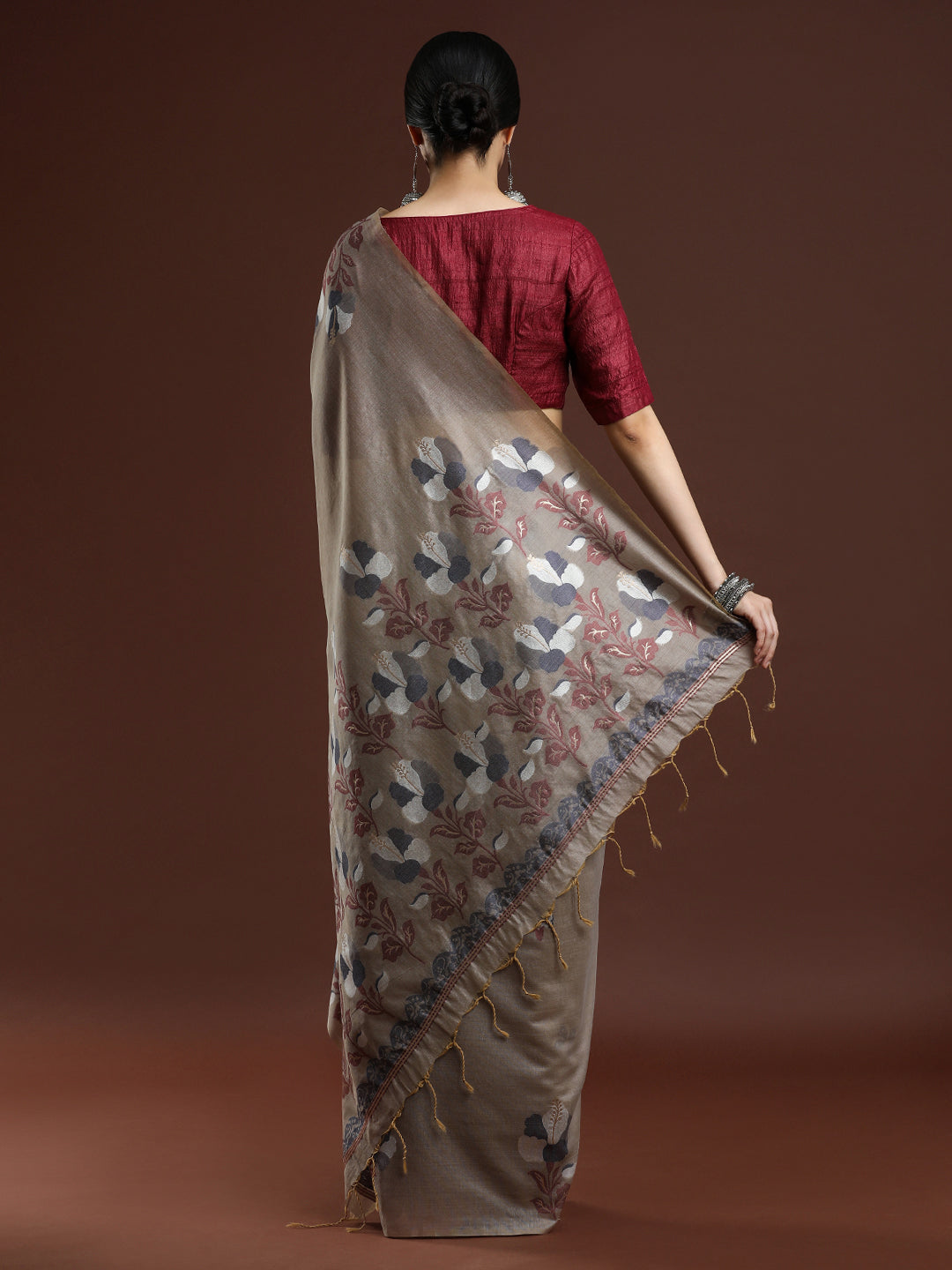 Woven Design Floral Muga Cotton Saree in Grey