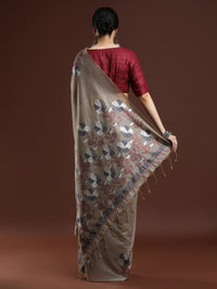 Woven Design Floral Muga Cotton Saree in Grey