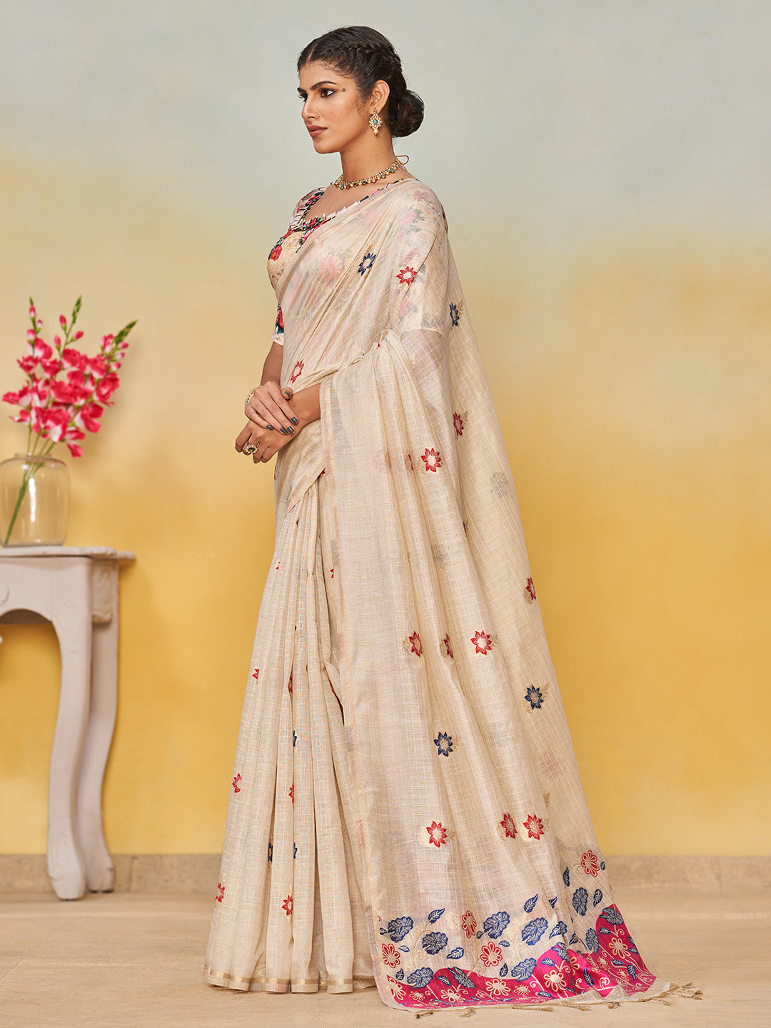 Sundari Cotton in Beige with Pink Motifs