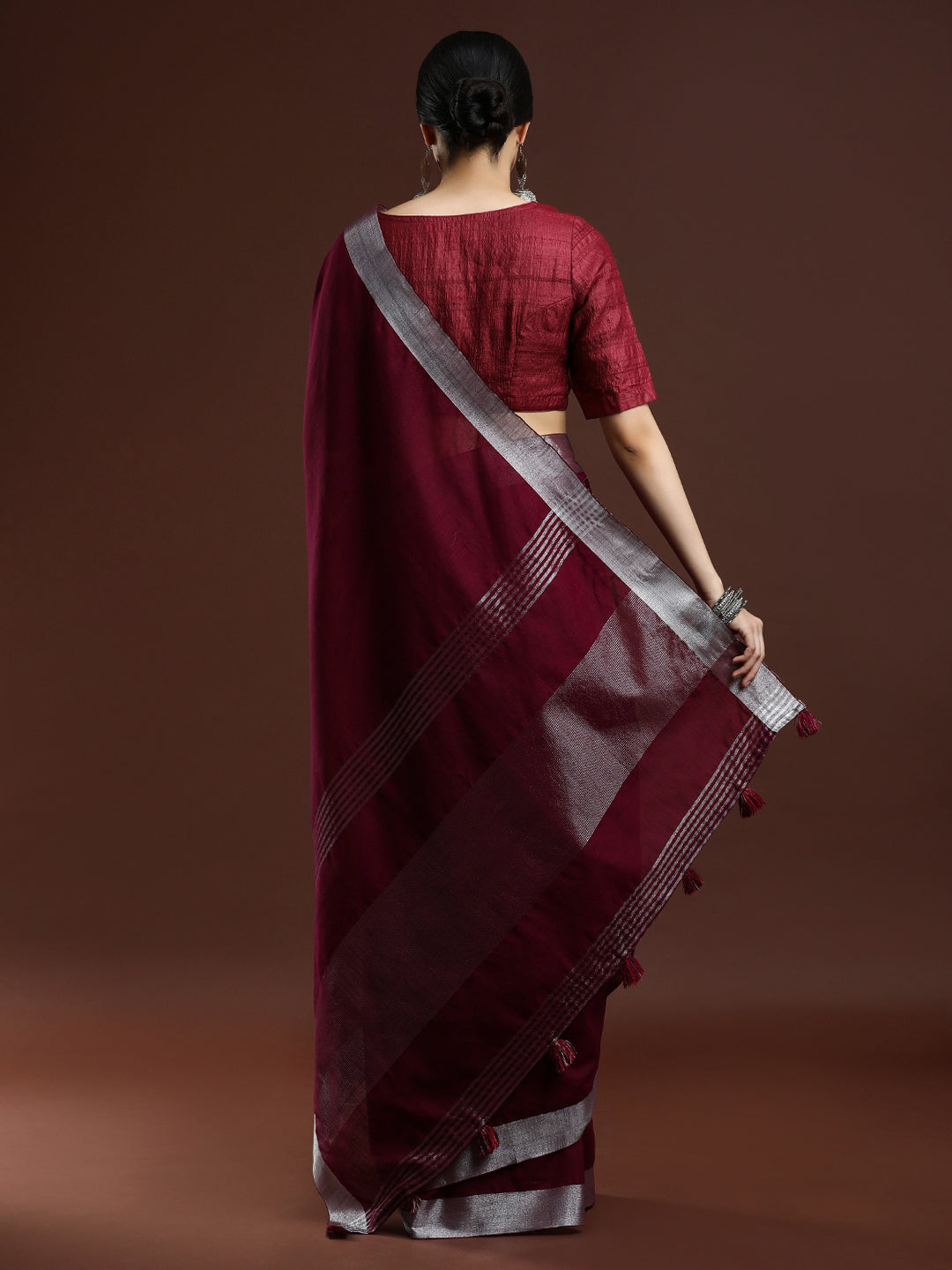 Woven Design Solid Bhagalpuri Linen Saree in Maroon