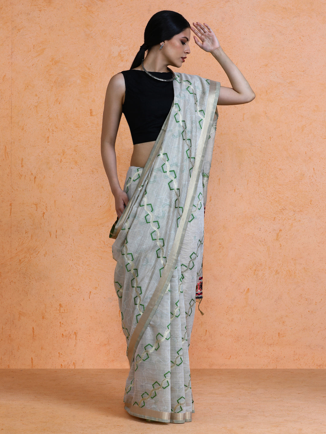 Devina Cotton in Beige with Green Motifs