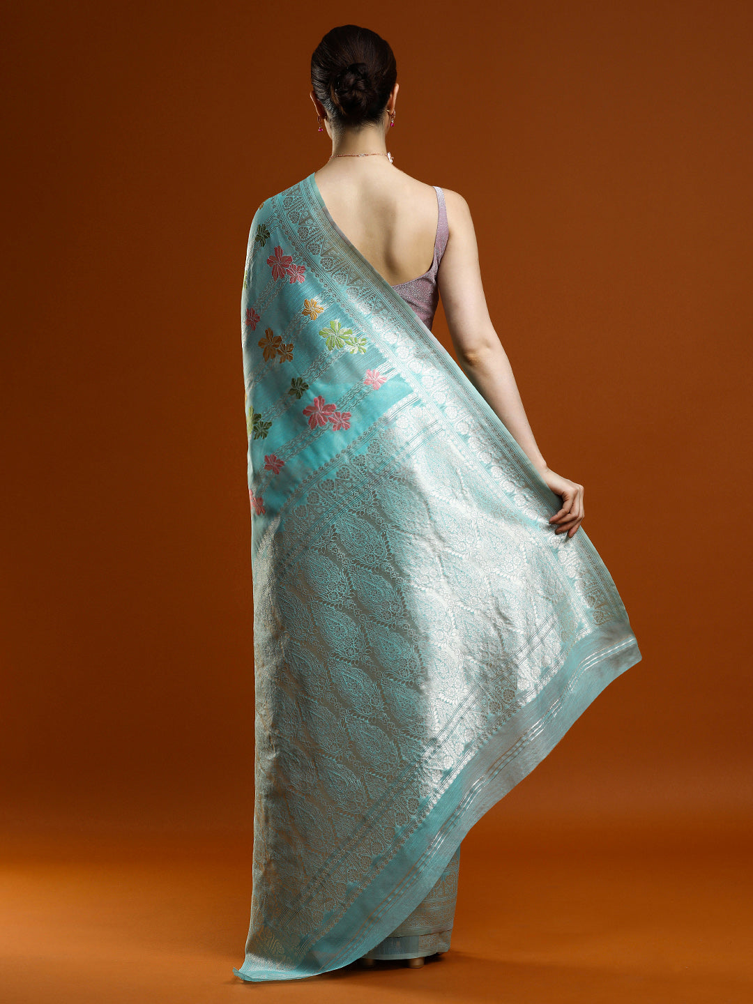 Sarha Floral Motifs Woven Design Zari Chanderi Saree in Light Blue