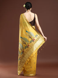 Woven Design Floral Muga Cotton Saree in Yellow