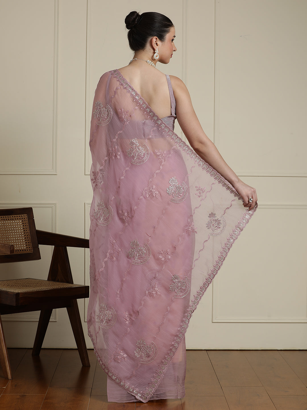 Floral Motifs Embroidered Saree with Unstitched Blouse in Purple