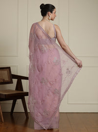 Floral Motifs Embroidered Saree with Unstitched Blouse in Purple