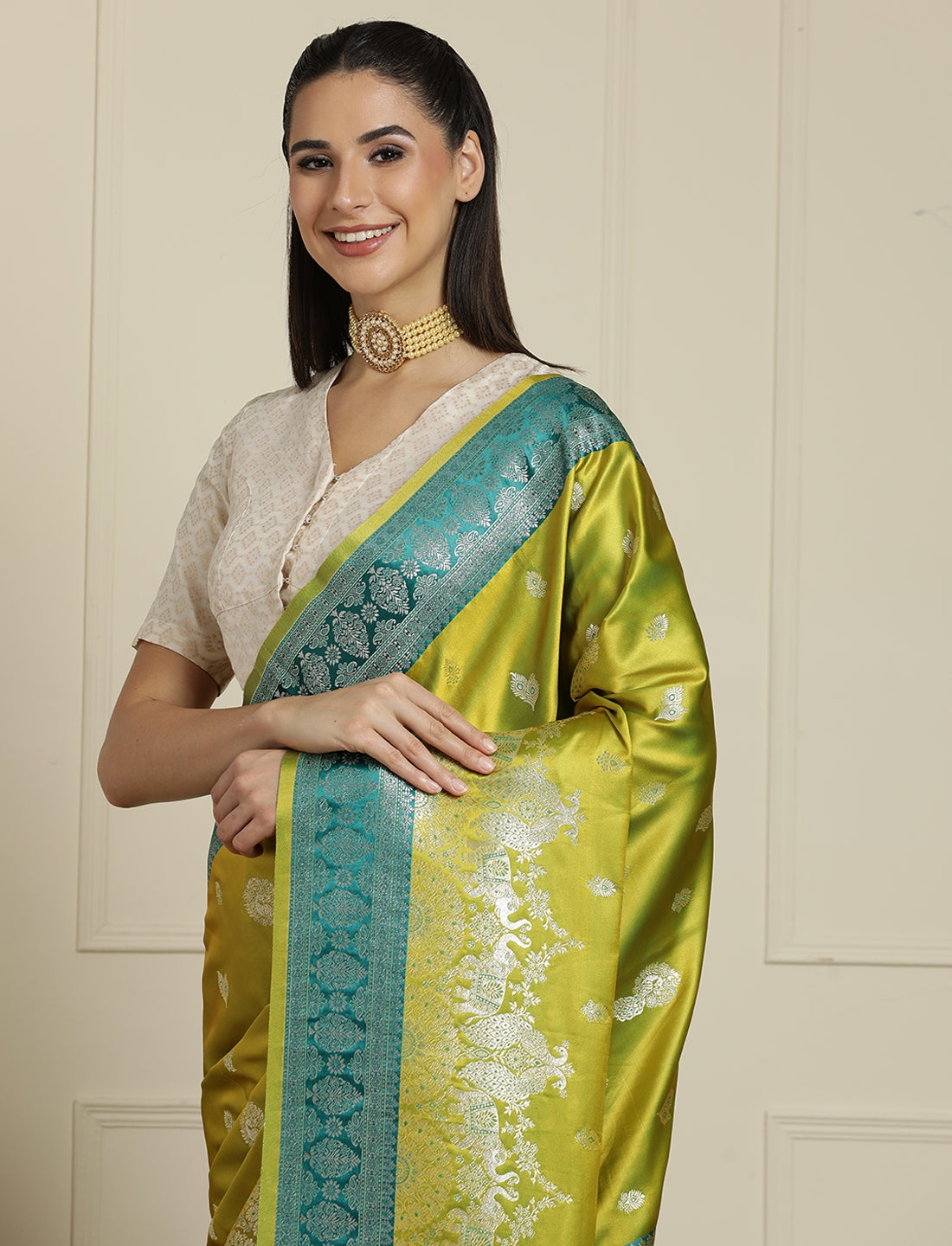 Woven Design Banarasi Saree With Unstitched Blouse in Light Green