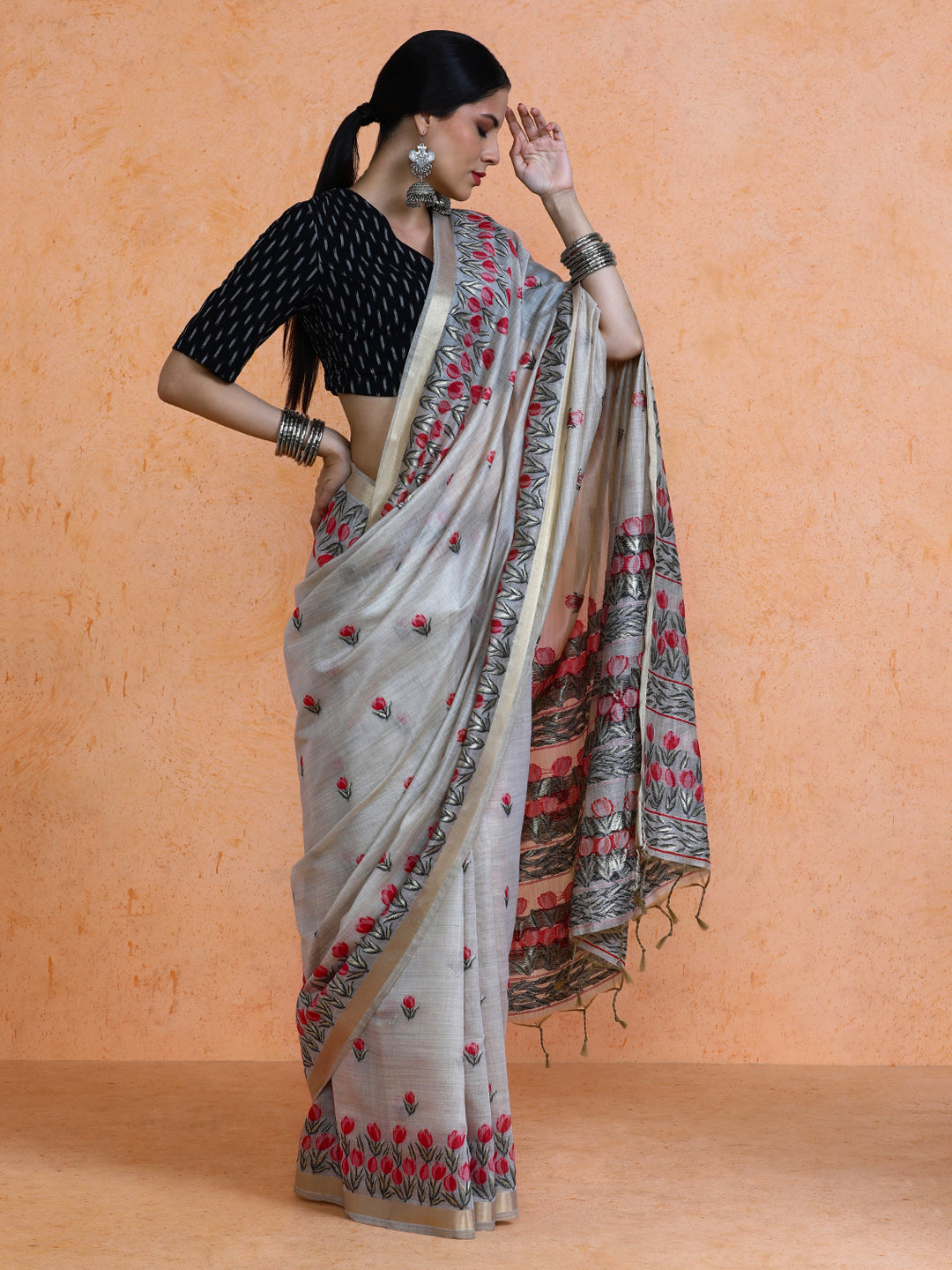 Aranya Cotton in Beige with Pink Motifs