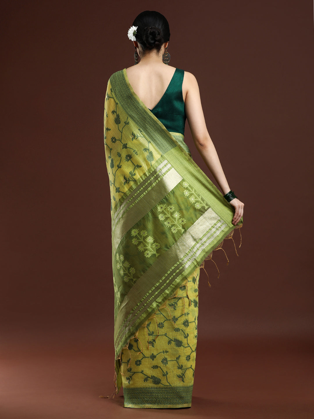 Woven Design Floral Chanderi Cotton Saree in Lime Green