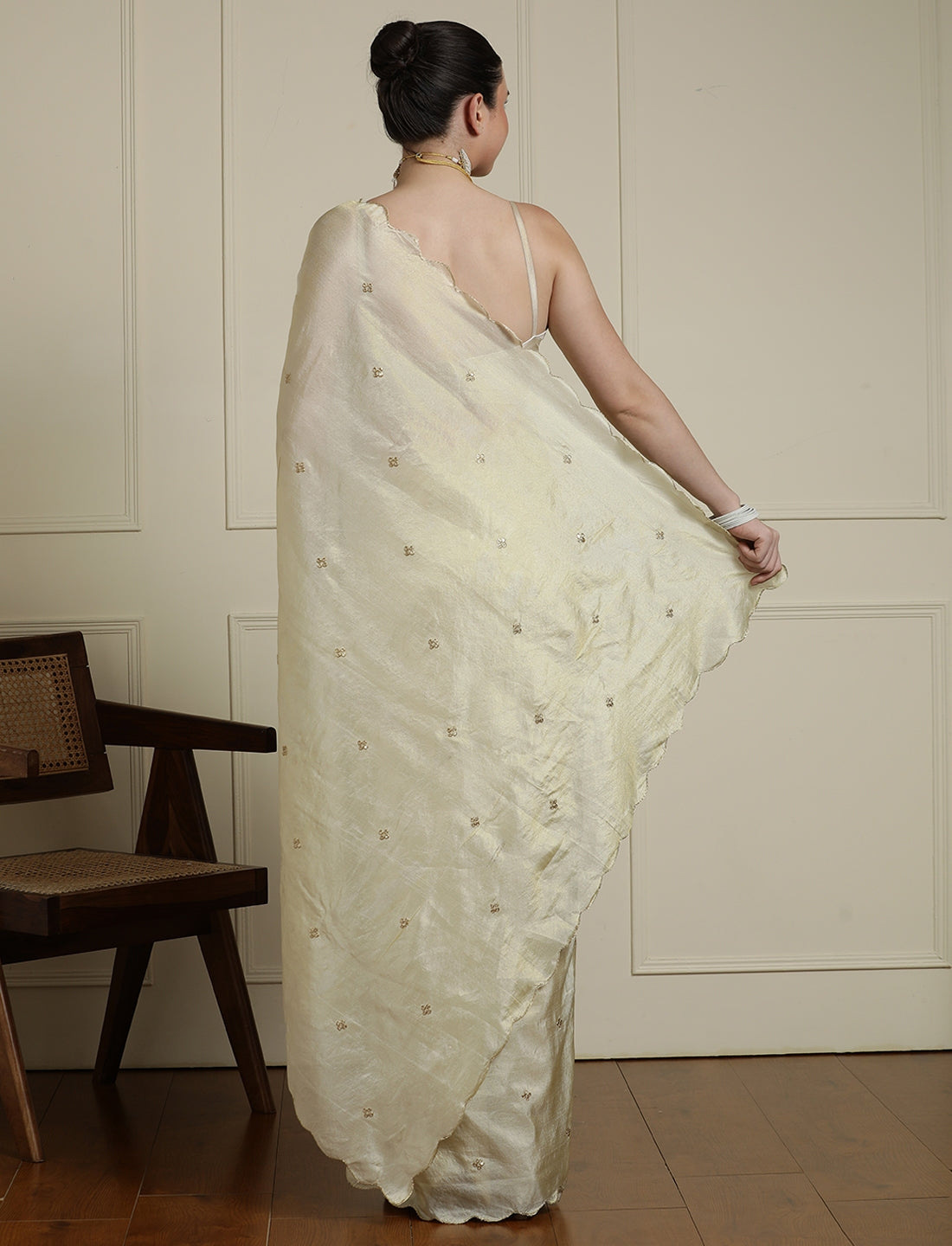 Embroidered Sequinned Georgette Saree in Cream