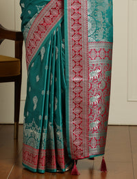 Ethnic Motifs Zari Woven Design Banarasi Saree With Blouse Piece in Sea Green