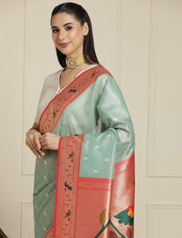 Paithani Woven Design Saree With Blouse in Sea Green and Orange