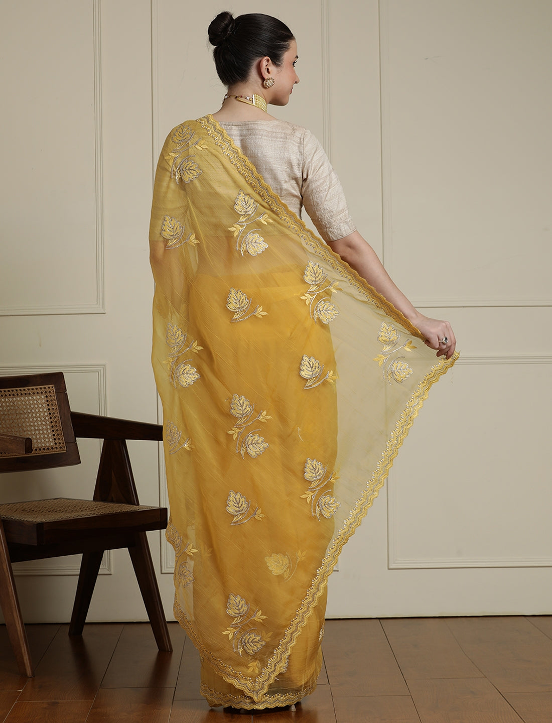 Floral Motifs Embroidered Saree with Unstitched Blouse in Yellow