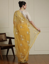 Floral Motifs Embroidered Saree with Unstitched Blouse in Yellow