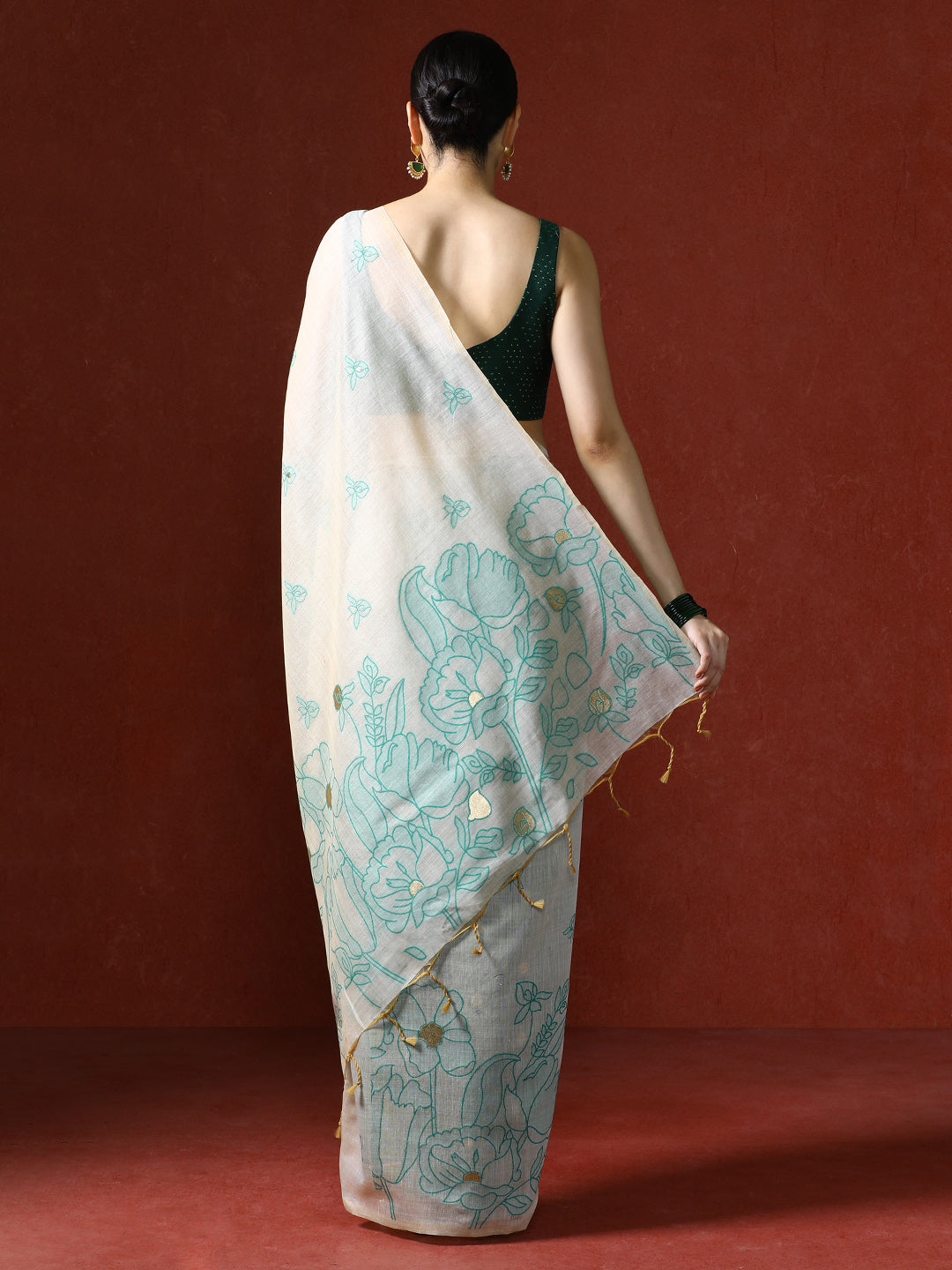 Floral Printed Zari Chanderi Saree in green