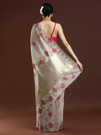Woven Design Floral Muga Cotton Saree with Pink Motifs