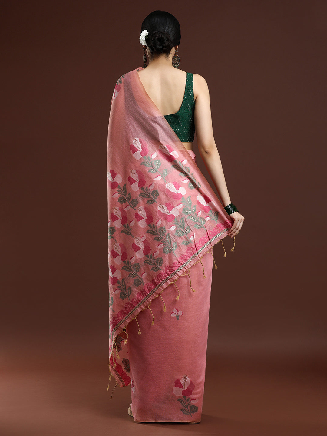 Woven Design Floral Muga Cotton Saree in Pink