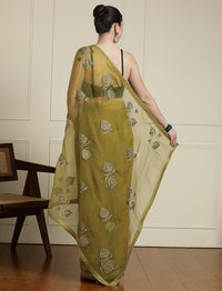 Floral Motif Embroidered Zari Wedding Saree in Green