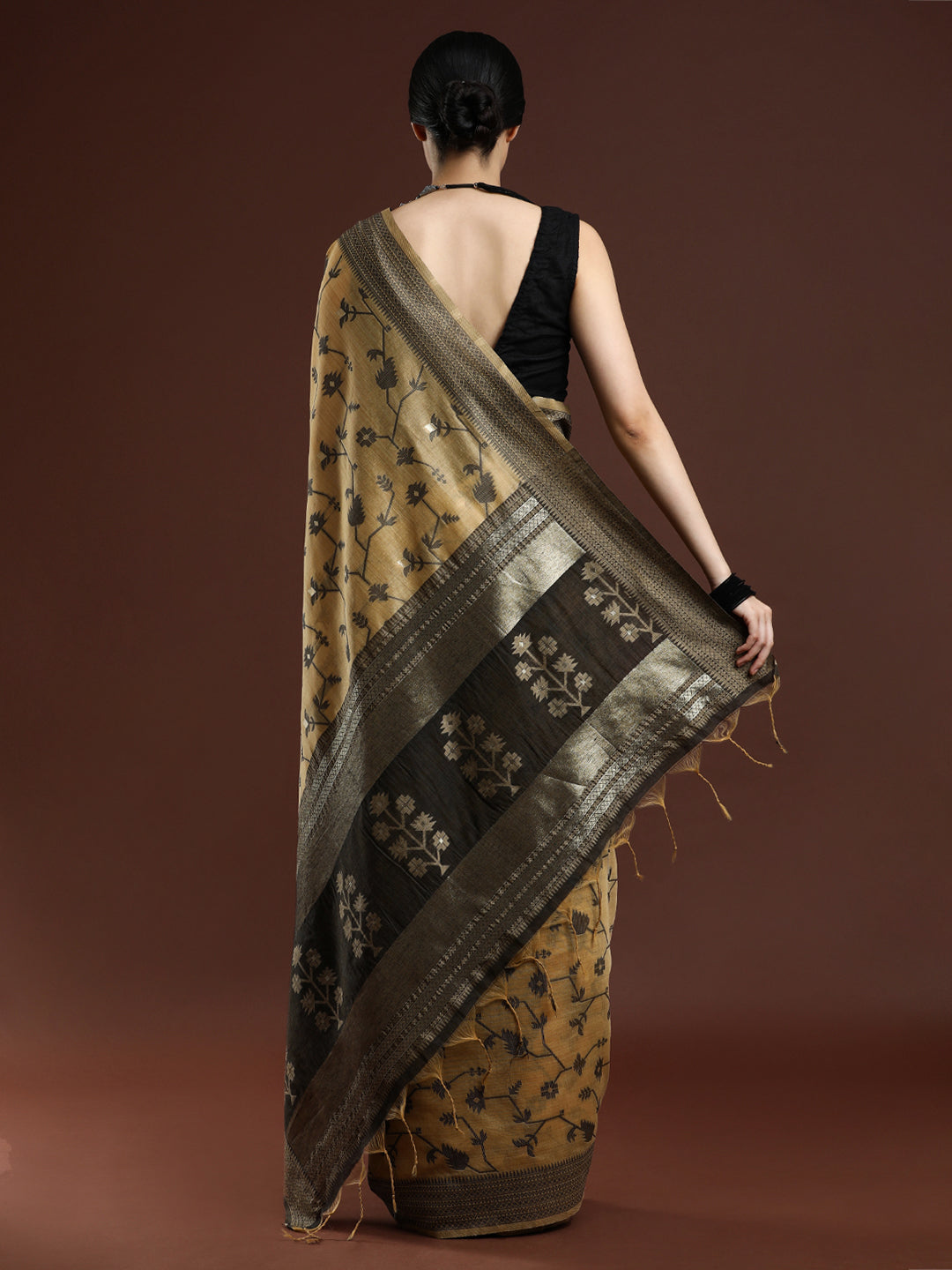 Woven Design Floral Chanderi Cotton Saree in Occur Yellow