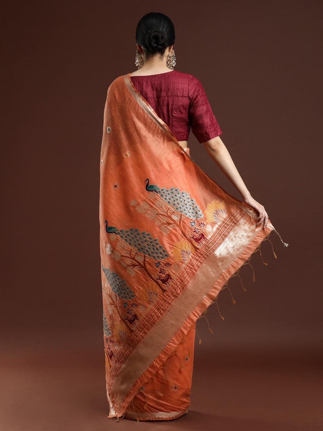 Woven Design Floral Muga Cotton Saree in Orange