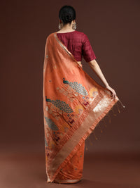 Woven Design Floral Muga Cotton Saree in Orange