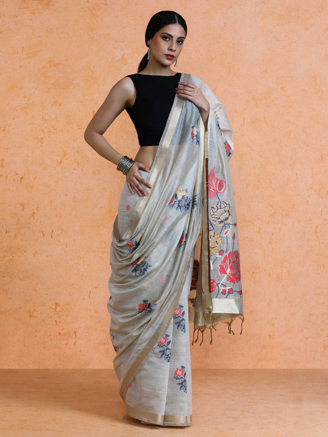 Leela Cotton in Beige with Red Motifs