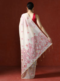 Floral Printed Zari Chanderi Saree in pink