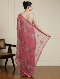 Floral Embellished Chiffon Saree With Unstitched Blouse in Pink