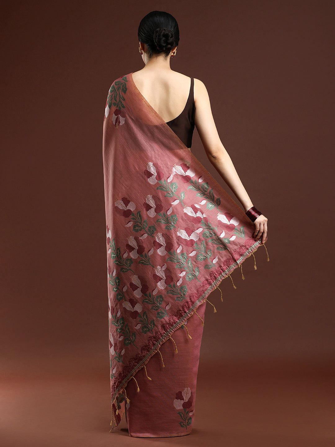 Woven Design Floral Muga Cotton Saree in Red