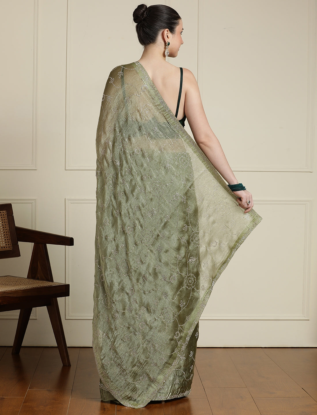 Embellished Saree With Unstitched Blouse in Green