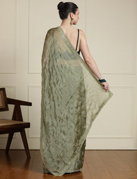 Embellished Saree With Unstitched Blouse in Green
