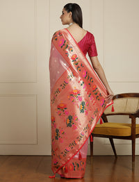 Floral Woven Design Zari Paithani Saree in Pink and Orange