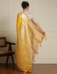Ethnic Motif Woven Design Zari Banarasi Satin Silk Saree & Blouse Piece in Yellow