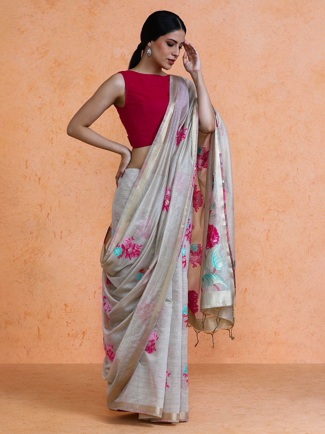 Leela Cotton in Beige with Pink Motifs