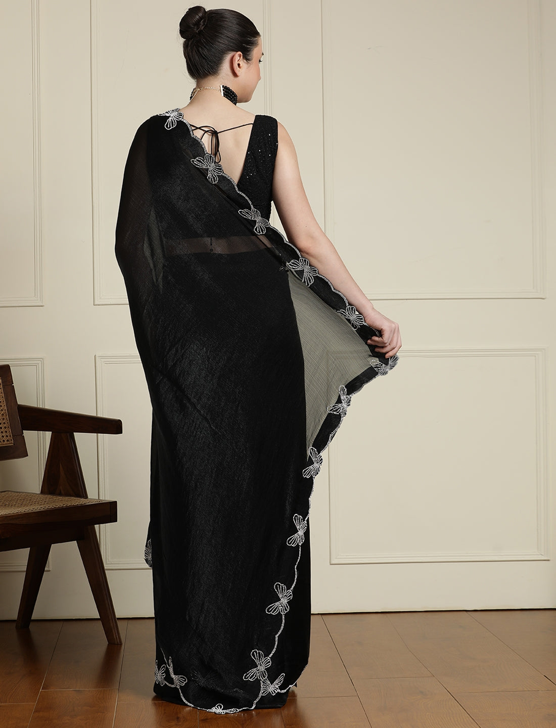 Butterfly Embellished Beads And Stones Saree With Blouse in Black