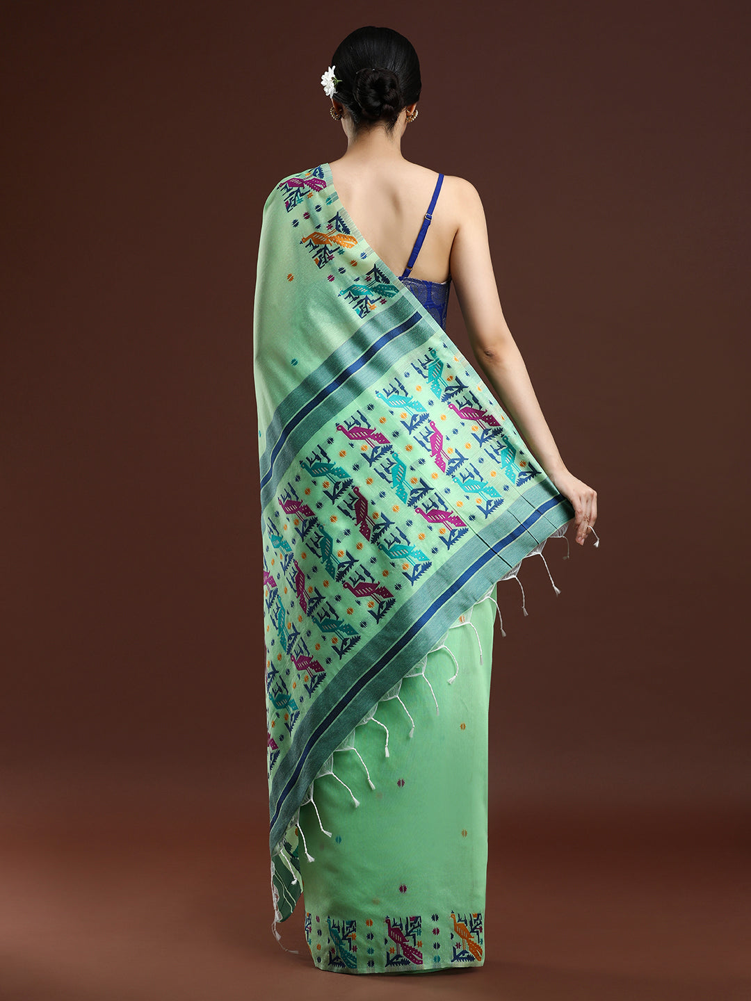 Woven Design Ethnic Motif Muga Cotton Saree in Green