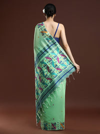 Woven Design Ethnic Motif Muga Cotton Saree in Green