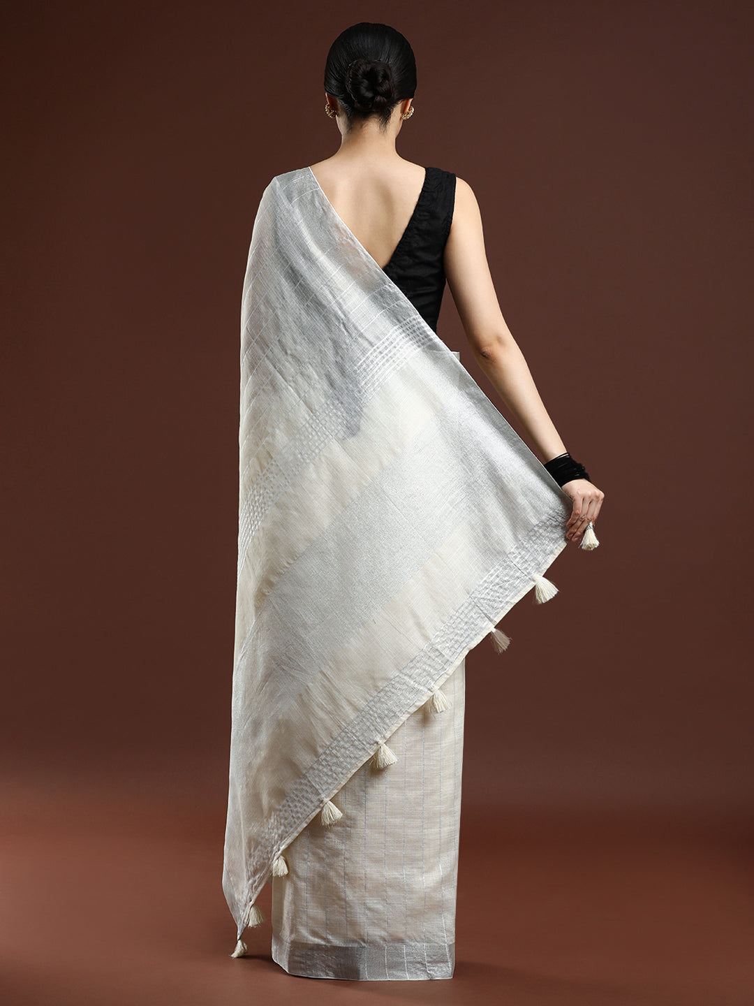 Woven Design Striped Bhagalpuri Saree in Cream