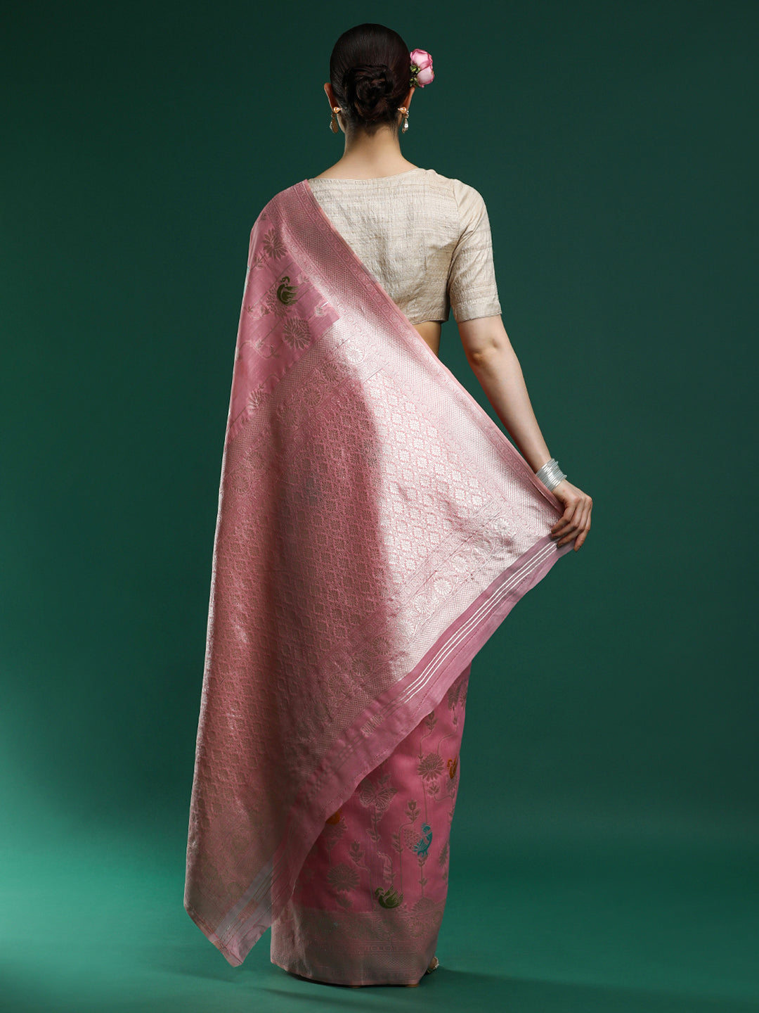 Woven Design Floral Chanderi Cotton Saree in Pink