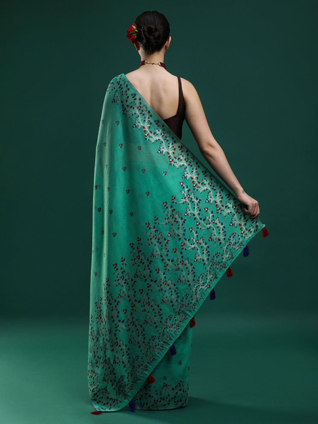 Sarha Ethnic Motifs Embroidered Muga Saree in Green