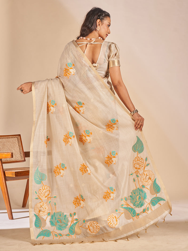 Leela Cotton In Beige With Orange Motifs