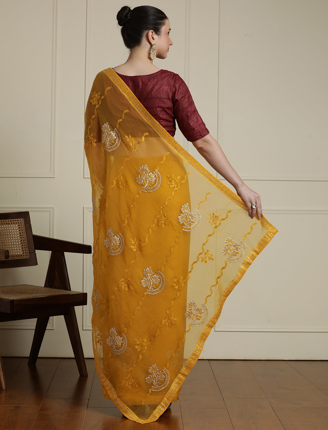 Floral Embellished Saree in Yellow