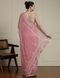 Solid Embroidered Zari Saree in Pink
