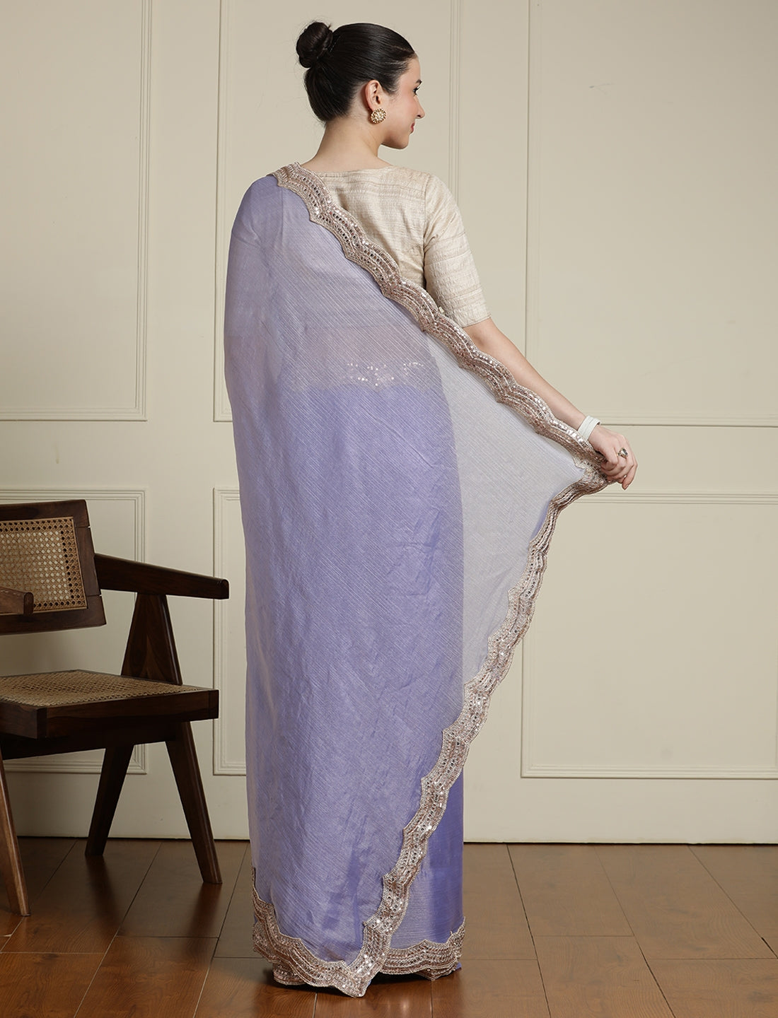 Embellished Saree With Unstitched Blouse in Lavender
